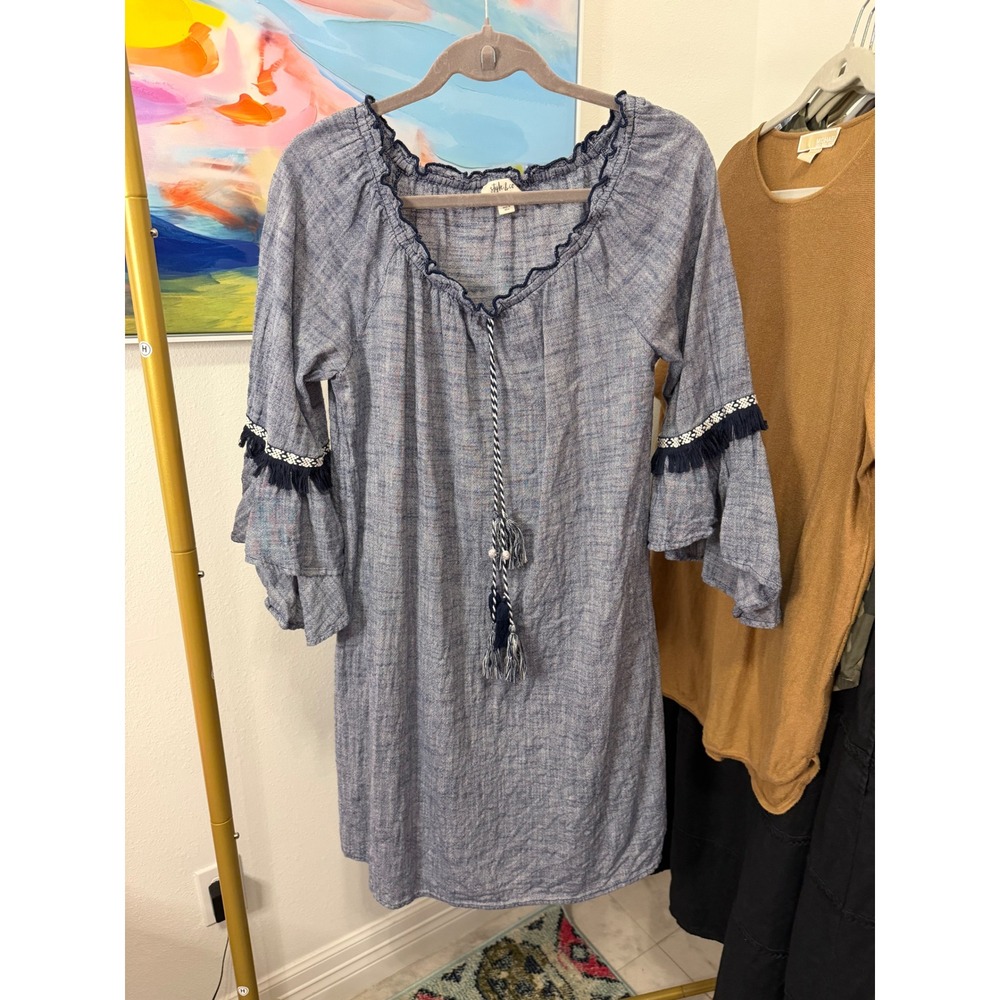 Style & Co Blue Cotton Chambray Tassel Fringe Bell Sleeve Shift Dress Medium